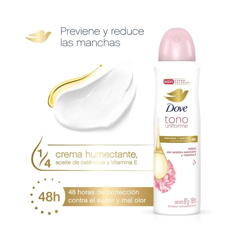 DOVE TONO UNIFORME - Aerosol antitranspirante - 1/4 CREMA HUMECTANTE 48H - TONO UNIFORME - ROSAS CON ACEITES ESENCIALES Y VITAMINA E x 87 g / 150 mL