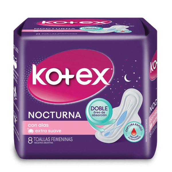 KOTEX - Toallas femeninas KOTEX - NOCTURNA - CON ALAS EXTRA SUAVE x 8 unidades