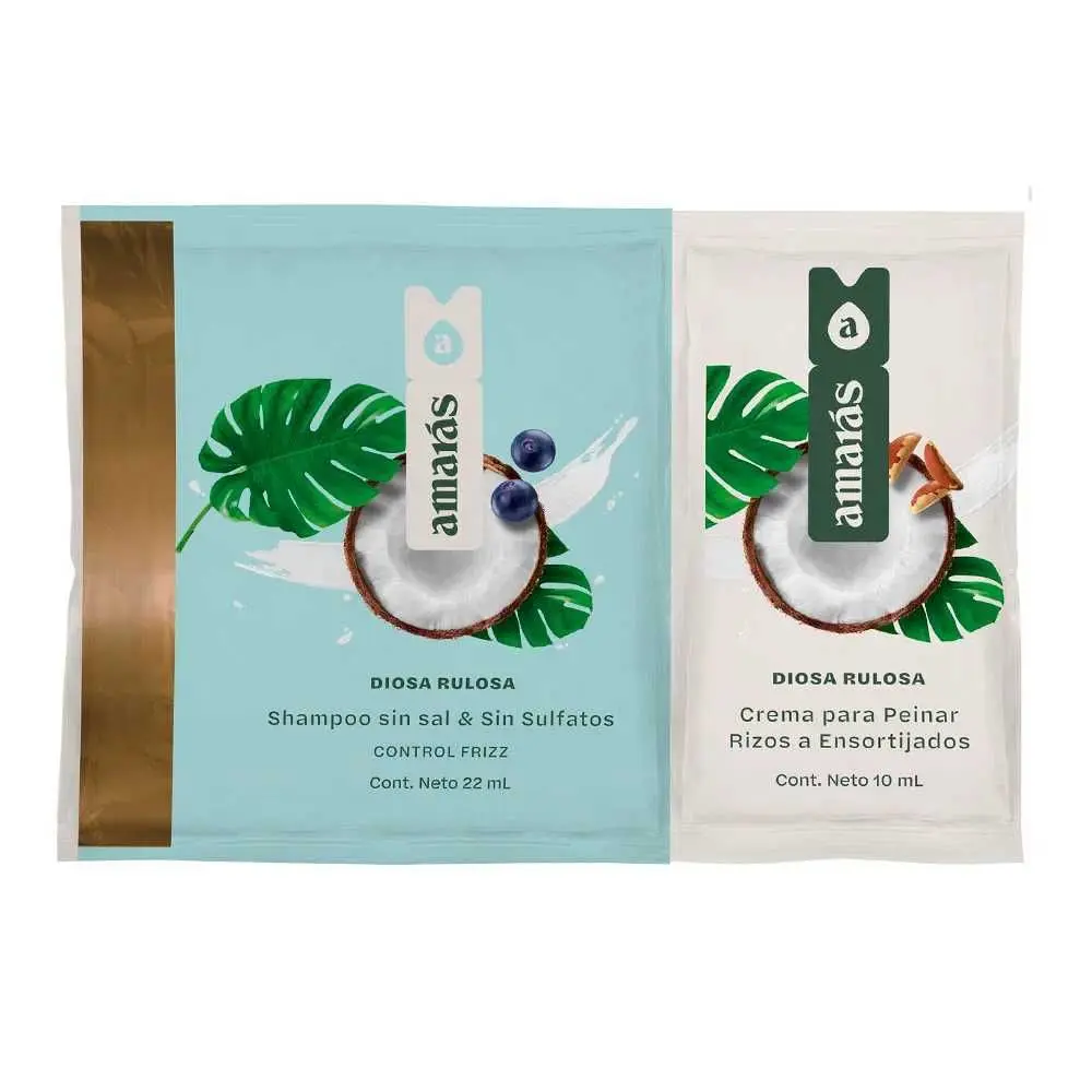AMARAS - Shampoo sin sal & sin sulfatos CONTROL FRIZZ - DIOSA RULOSA x 22 mL + Crema para peinar Rizos a ensortijados x 10 mL
