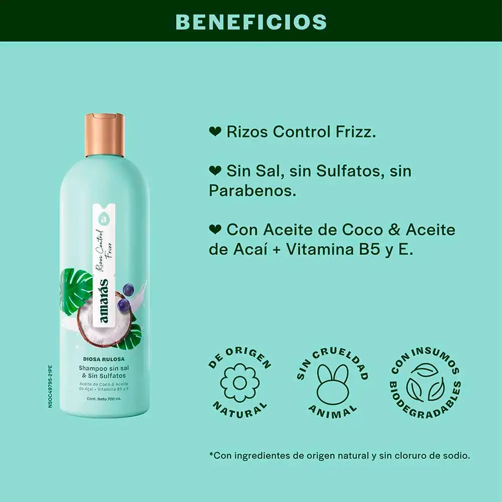 AMARAS - Shampoo sin sal & sin sulfatos RISOS CONTROL FRIZZ - DIOSA RULOSA  x 700 mL