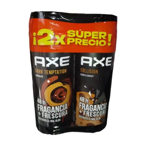 [2X SUPER PRECIO AXE] 2X SUPER PRECIO AXE - Desodorante corporal en spray DARK TEMPTATION CHOCOLATE 48h FRAGANCIA + FRESCURA + Desodorante corporal en spray COLLISION CUERO & COOKIES 48h FRAGANCIA + FRESCURA x 97 g / 150 mL